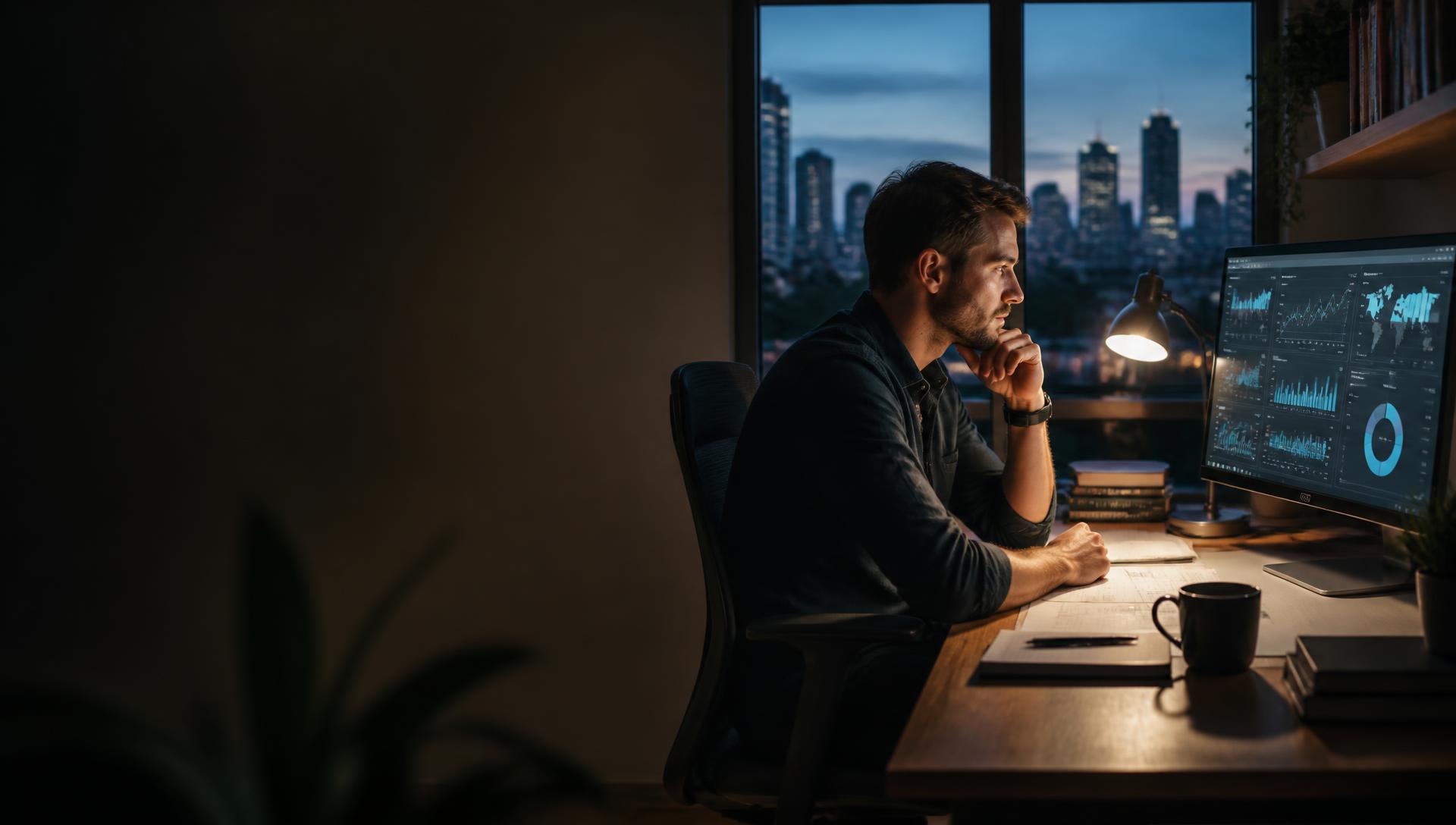 Investor reviewing market intelligence at home