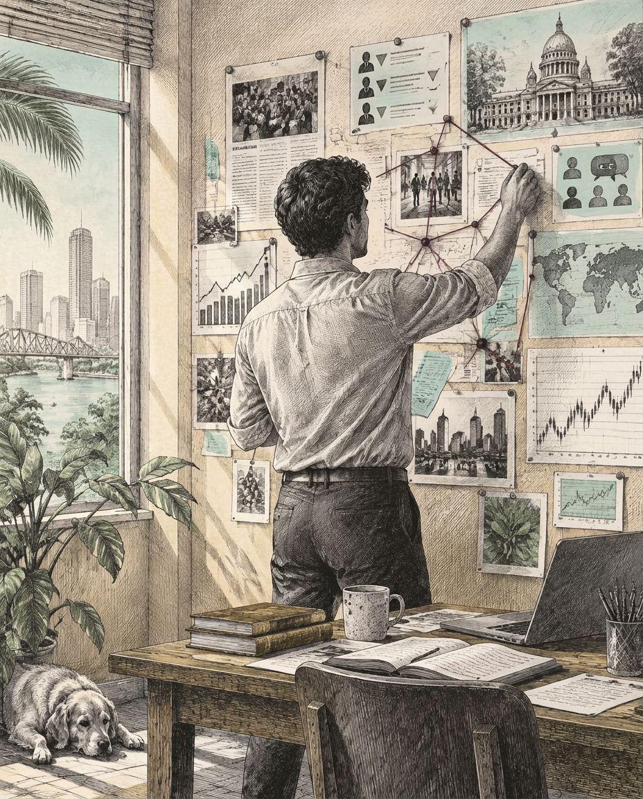 An ink drawing of a founder connecting market research on a studio wall