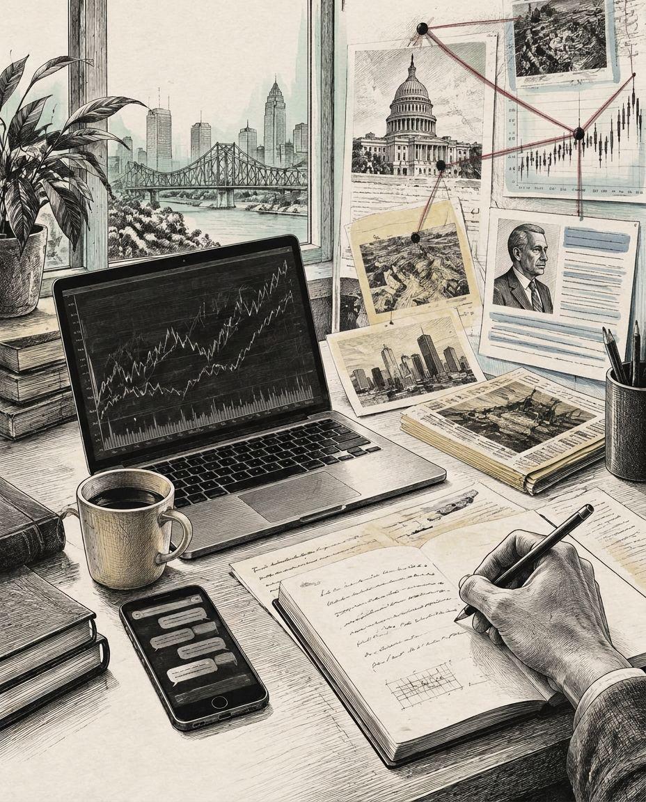 An ink drawing of a research desk connecting market clues