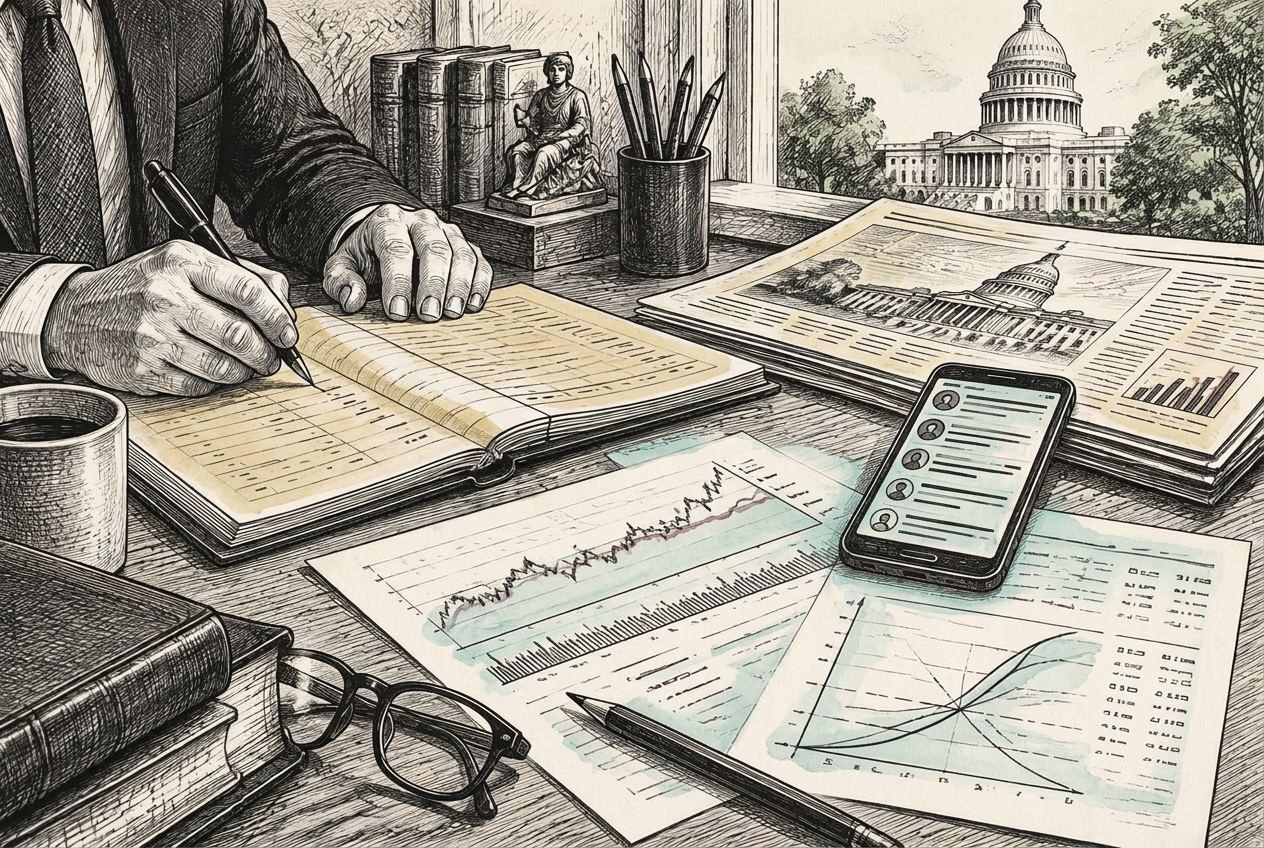 An ink drawing of market research connecting insider activity, Congress, news and online conversations